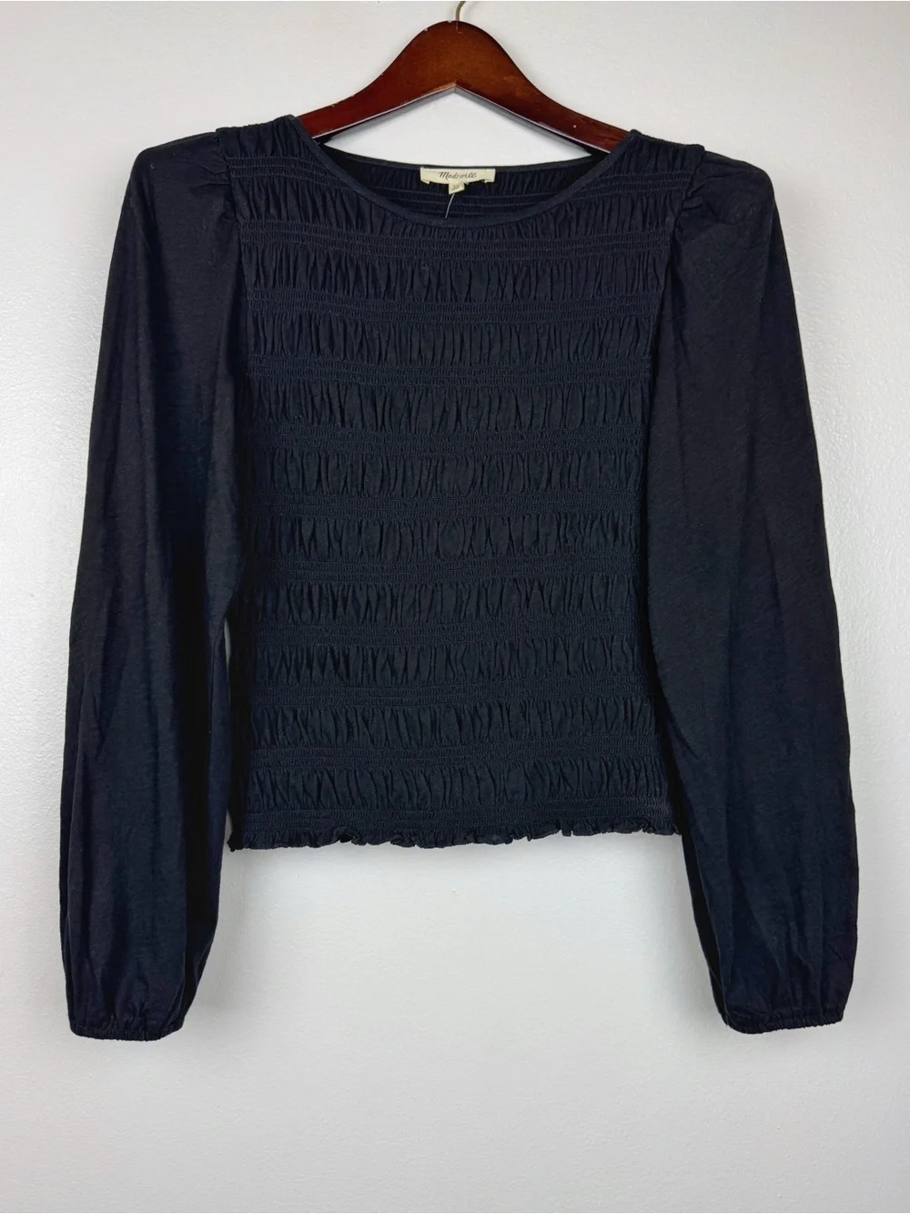 Madewell Smocked Cotton Boatneck Puff Sleeves Slim Fit Top Black Size XS NWT